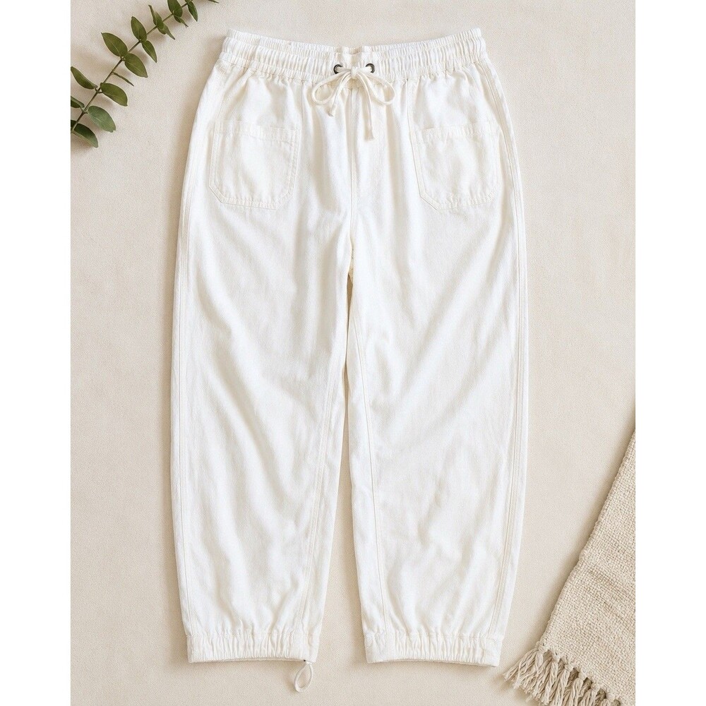Per Se Women’s White Linen Blend Jogger Pants Size L Pull On Drawstring Casual